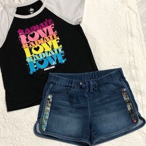 BUNDLE Justice Black and White Tee with Blue Jean Sequin Shorts Size 7/8